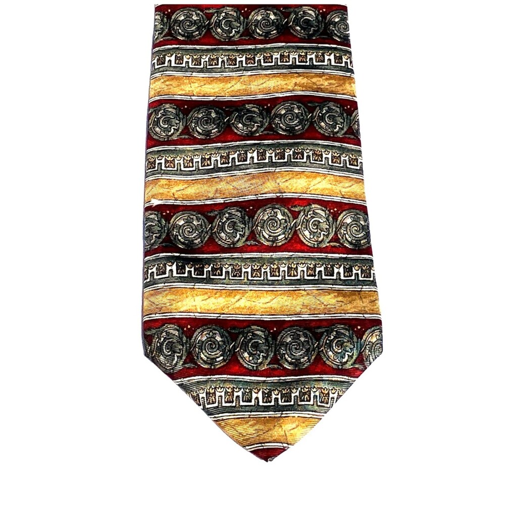 Etienne Aigner Vtg Tie Imported Silk Baroque Roman Greek Architecture Red Gold